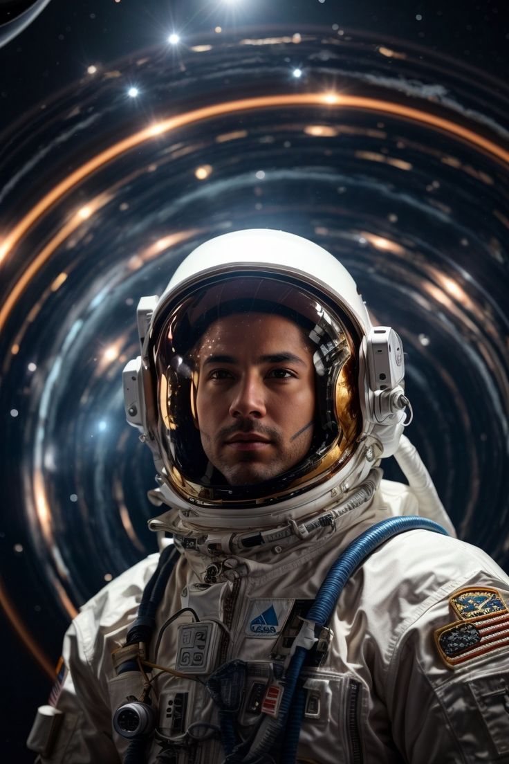 a man in an astronaut's spacesuit standing in front of a spiral background