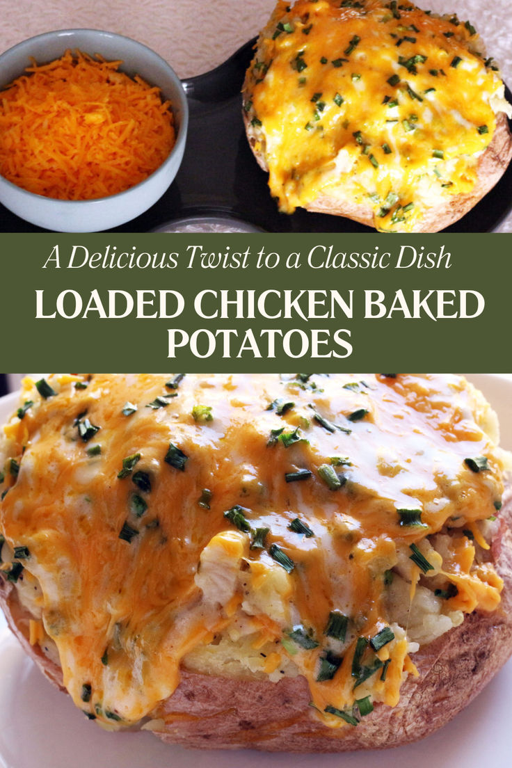 loaded chicken baked potatoes with cheese and grated parmesan on the side is shown