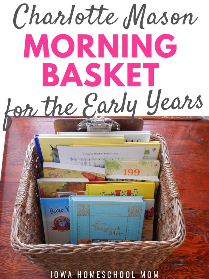 a basket filled with books on top of a wooden table