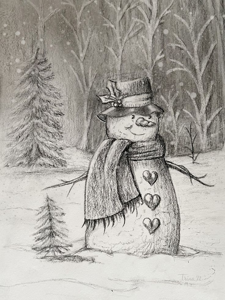 a pencil drawing of a snowman with hearts on his nose