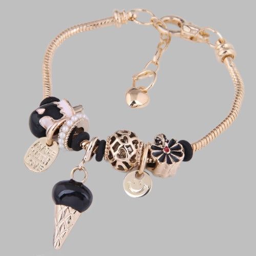 Ice Cream & Floral Black Combo Bracelet-Fashion Bracelets & Bangles-StylinArts Luxury Designer Bracelets With Black Enamel, Elegant Black Adjustable Chain Bracelet, Rose Gold Alloy Charm Bracelet, Adjustable Rose Gold Alloy Charm Bracelet, Adjustable Alloy Beaded Bracelets, Nickel-free Black Metal Chain Bracelet, Adjustable Alloy Charm Bracelet, Adjustable Alloy Bangle Jewelry, Elegant Alloy Jewelry With Charms