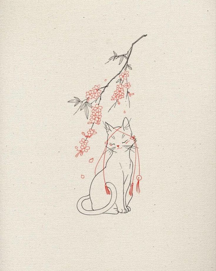 a drawing of a cat sitting next to a branch with red flowers on it's branches