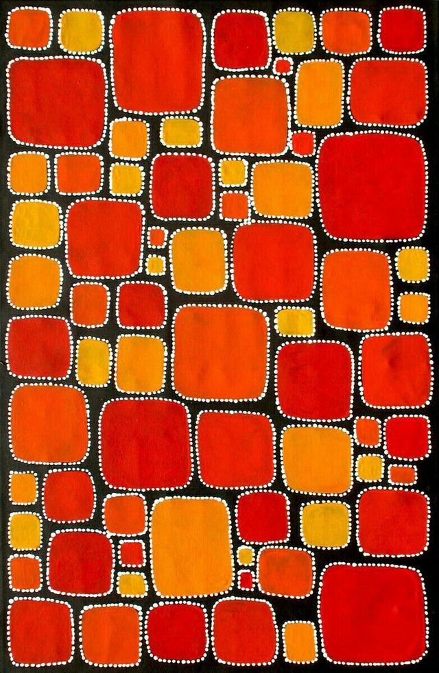 an orange and red painting with squares on it