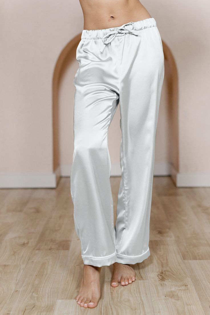 Model: Brinkley; Size: S Elegant Straight Leg Wedding Bottoms, White Satin Bottoms For Wedding, White Satin Wedding Bottoms, Elegant Wide Leg Bottoms For Pajama Party, Elegant Long Pants For Wedding, Satin Colors, Wedding Parties Colors, Bridesmaid Dress Colors, Sleep Pants