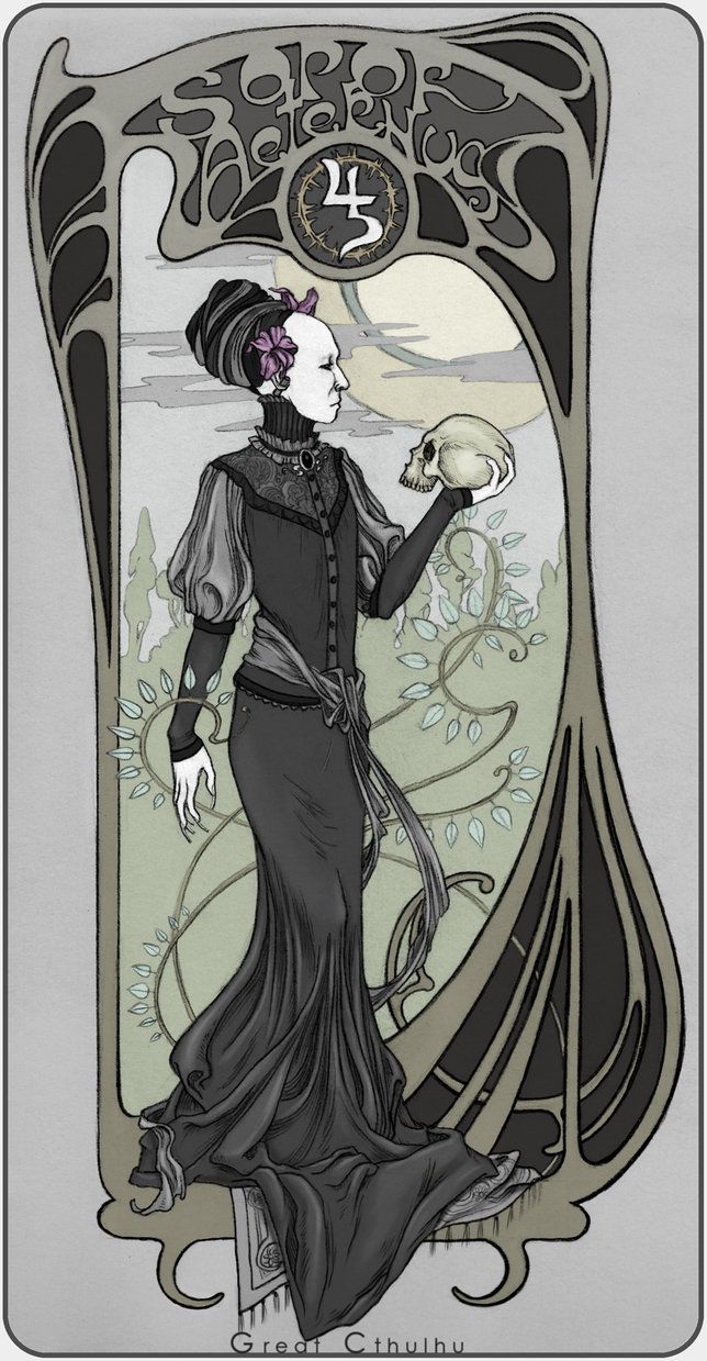 a drawing of a woman holding a skull in her hand and wearing a black dress