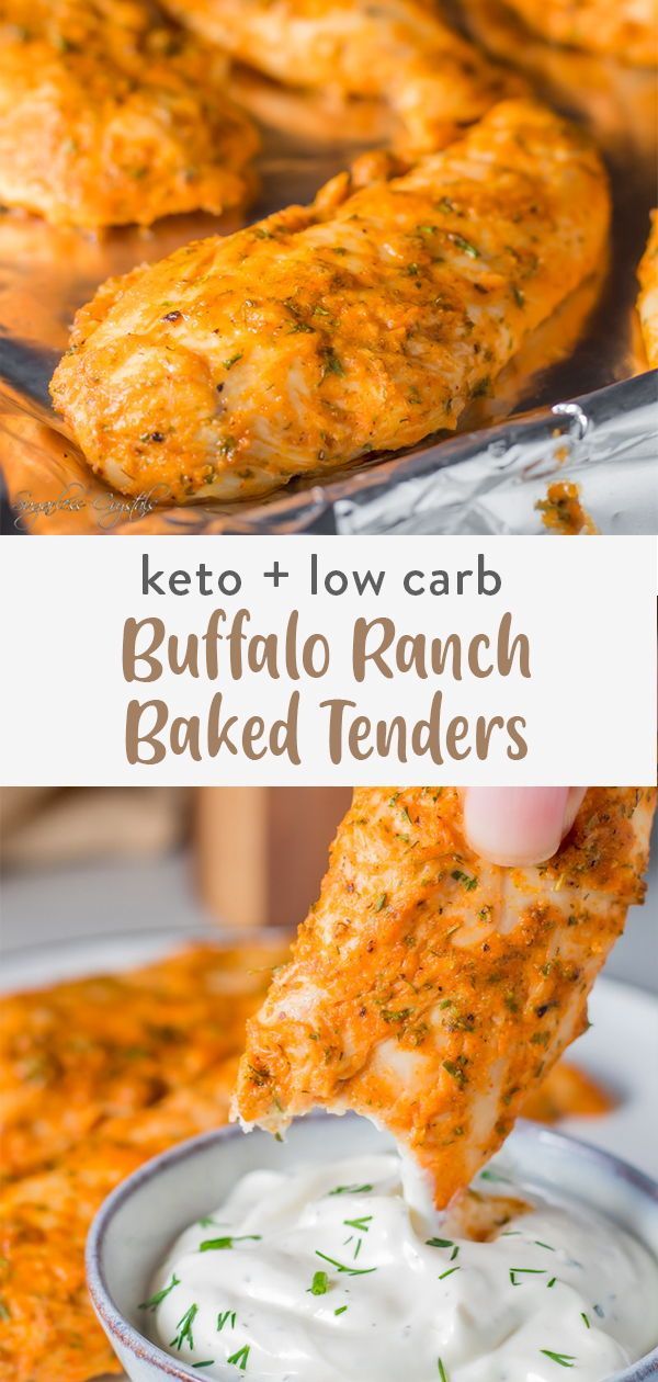 a person dipping some food into a bowl with ranch dressing on it and the words keto low carb buffalo ranch baked tenders