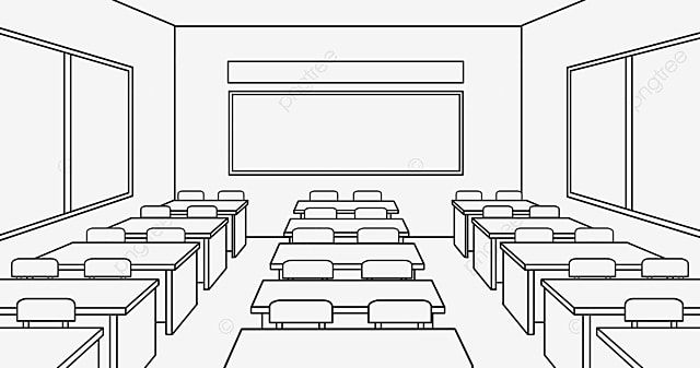 black and white drawing of an empty classroom with desks, chalkboard on the wall