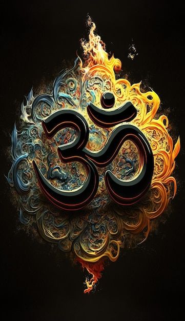 the om shan symbol is surrounded by swirling swirls and fire on a black background