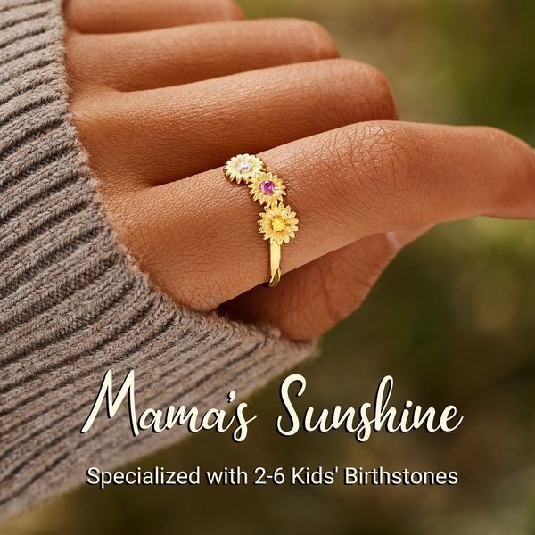 This personalized Sunflower Ring is a perfect gift for mom, grandma, family, friend, or just anyone who wants a reminder of their loved ones! It's fun to choose the colored stones to represent all of the ones you care about. Sunflower Design Jewelry For Mother's Day, Gold Flower Ring With Birthstone As Gift, Gold Flower Ring With Birthstone For Gift, Mother's Day Gift Birthstone Ring In Sterling Silver, Gold Flower Birthstone Ring For Gift, Sunflower Design Jewelry For Mother's Day Anniversary, Flower Shape Ring For Mother's Day Gift, Yellow Gold Flower Ring With Birthstone For Gift, Sunflower Jewelry For Anniversary And Mother's Day