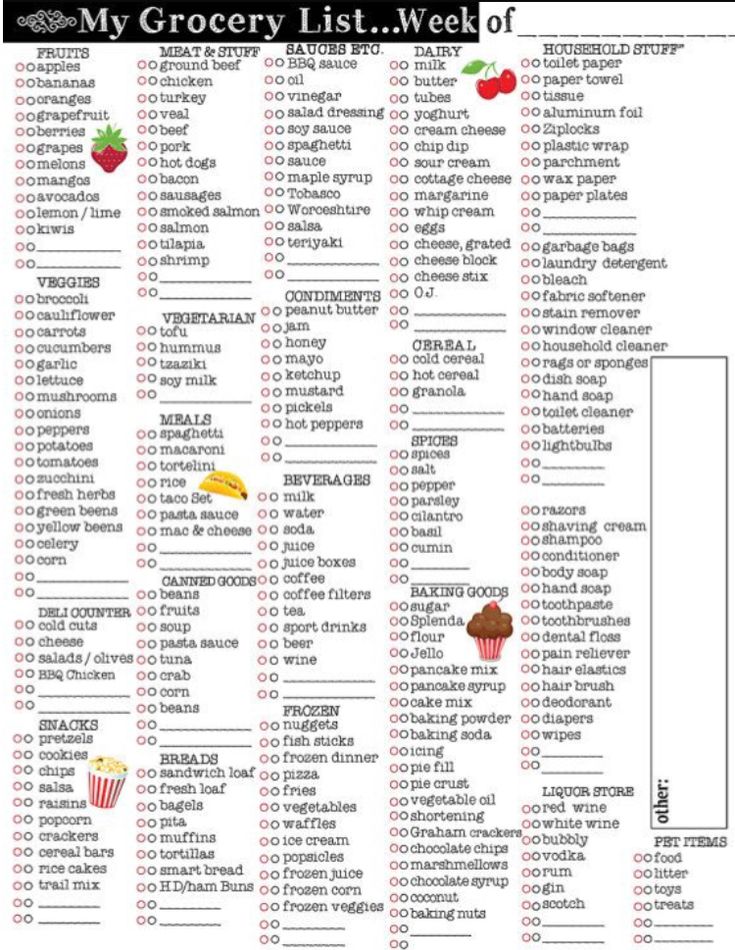 the grocery list is shown in black and white, with an image of different foods