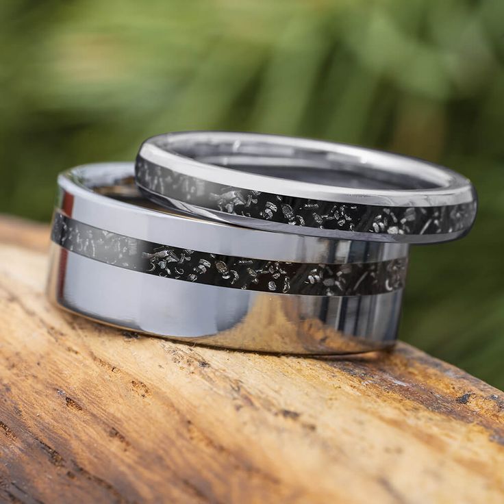 two wedding bands with black diamonds are sitting on top of a piece of wood in the woods