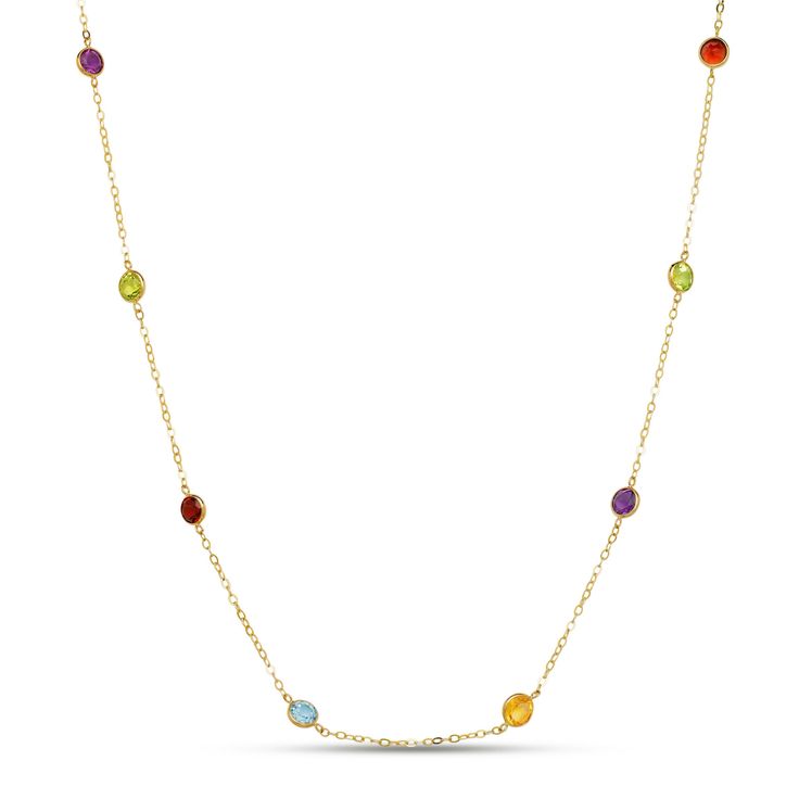 Designer Style Multi-color Gemstone Bezel Station Necklace 14K White/Yellow/Rose Gold Brand new solid 14k gold station necklace featuring twelve bezel stations with brilliant round cut created gemstones totaling 3.00ct T.W. This exquisite necklace is crafted from SOLID 14KT Yellow gold. Every necklace is shipped in gift box. Our created diamonds and gemstones are simulants and feature brighter D color , FL / VVS1 clarity and ideal cut making them visually indistinguishable from natural diamonds Multicolor Round Birthstone Necklaces, Yellow Citrine, Station Necklace, Wedding Jewellery Necklace, Green Peridot, Gold Branding, Aquamarine Blue, Designer Style, Red Garnet