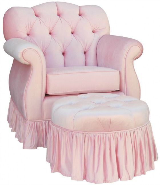 a pink chair and ottoman with ruffles on the skirted bottom, sitting next to each other