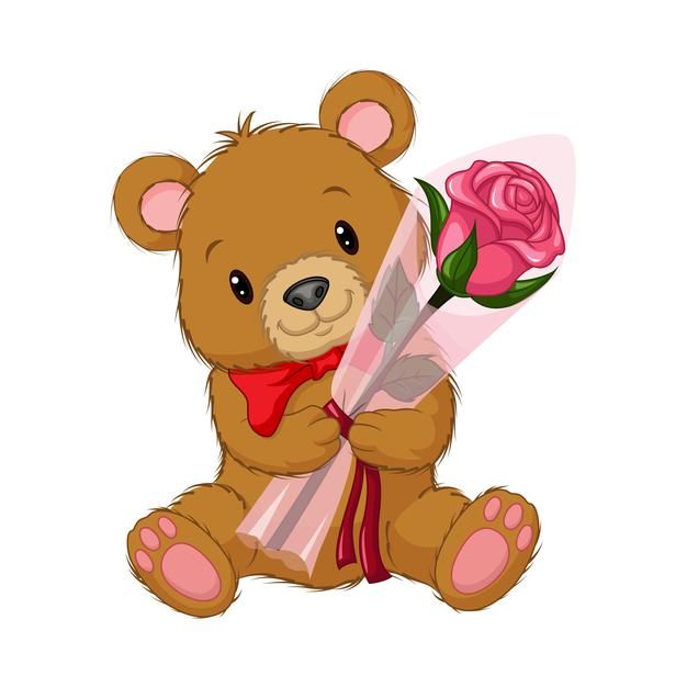 a brown teddy bear holding a pink rose