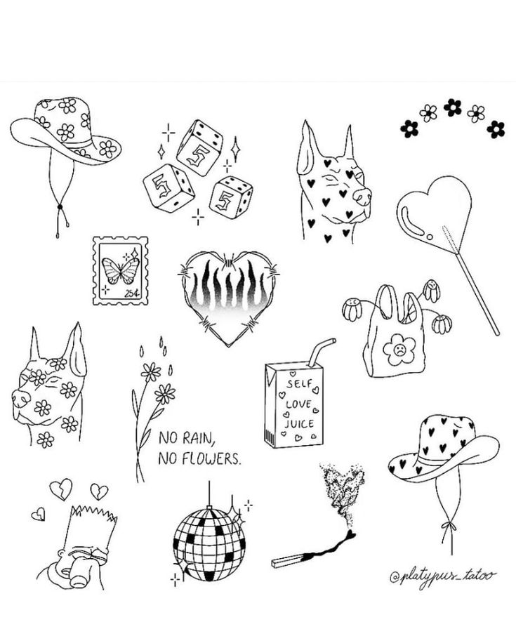 a drawing of various items that are drawn in black ink on white paper with the words no rain, no flowers