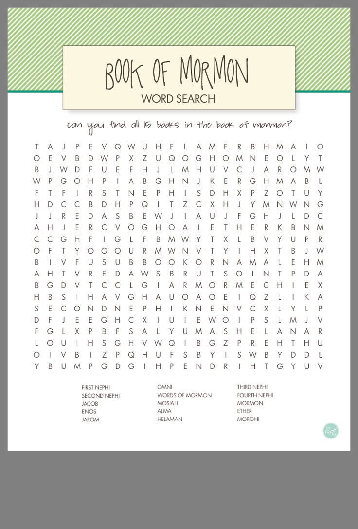 the book of mormon word search is shown in green and white, with words below it