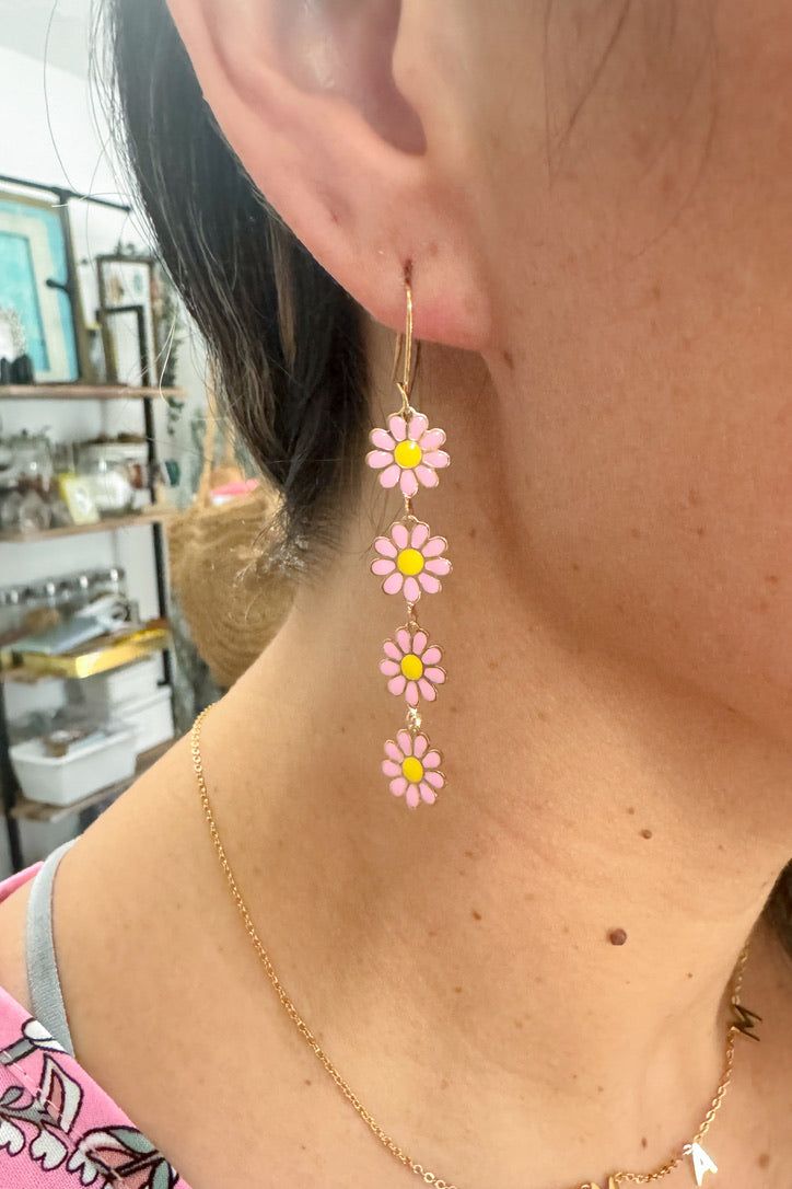 Daisy Drop Earrings- pinkapprox 2in drop. 1/4 in wide Kimono Sweater, Daisy Earrings, Silver Feather, Pink Daisy, Bralette Tops, Top Graphic Tees, Flower Child, Chain Earrings, Scarf Hairstyles