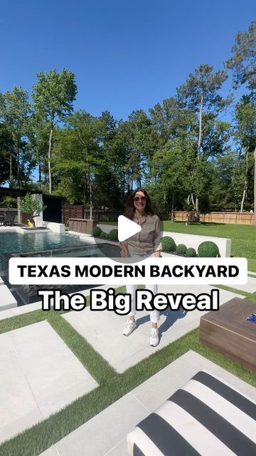 a woman sitting on the ground in front of a swimming pool with text that reads, texas modern backyard the big reveal