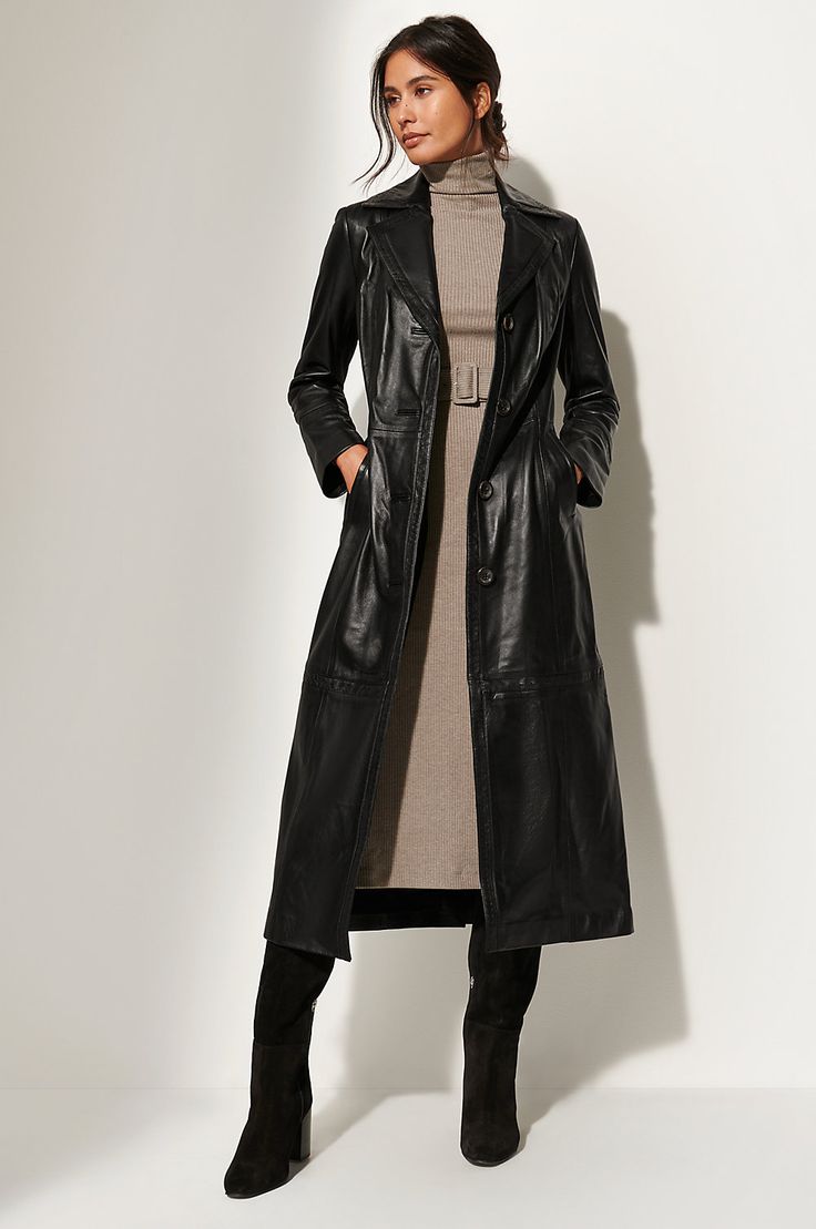 Wherever you're headed, daytime or evening, Overland's full-length leather coat always looks perfect. Crafted of lightweight Turkish lambskin leather with a defined waist for a flattering fit, the Hazel makes any outfit better. Black Luxury Wool Coat, Luxury Black Wool Coat, Luxury Black Long Coat Outerwear, Luxury Black Casual Outerwear, Luxury Black Winter Outerwear, Luxury Black Chic Outerwear, Luxury Sleek Black Outerwear, Luxury Black Long Sleeve Outerwear, Luxury Black Glamorous Outerwear