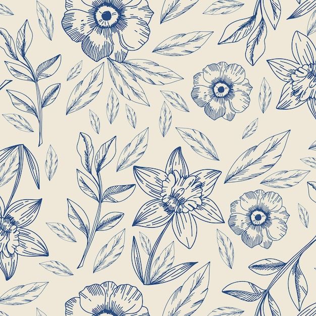 blue flowers and leaves on a white background seamless pattern stock photo - budget conscious