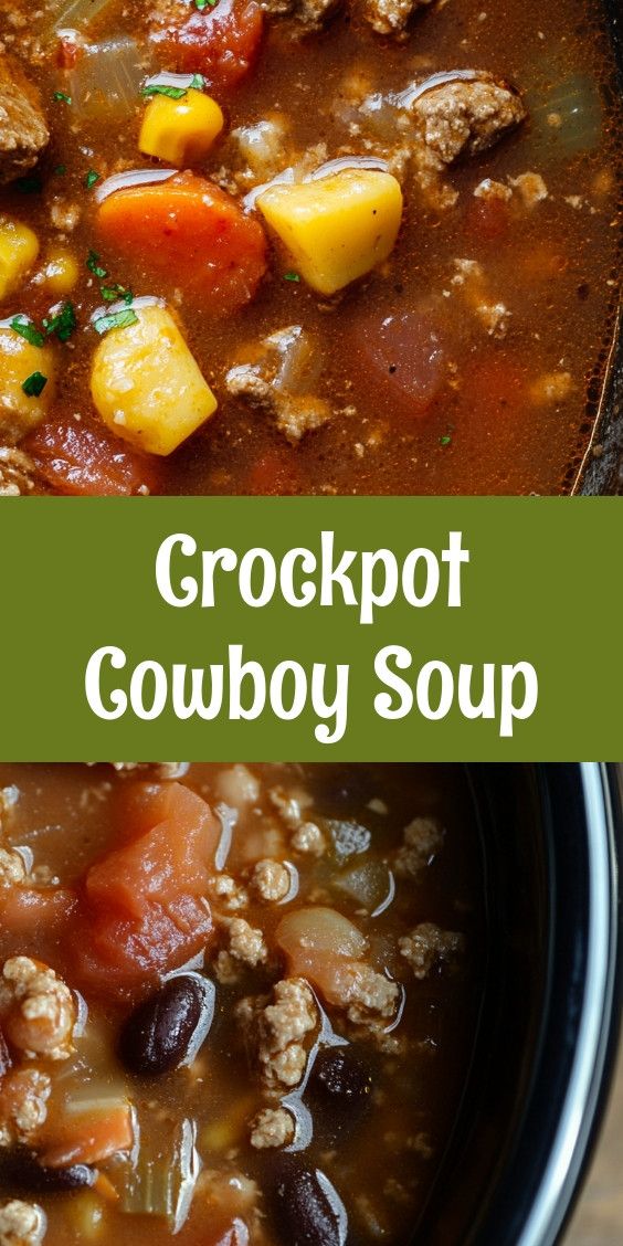 a bowl of crockpot cowboy soup with meat and vegetables in it is shown