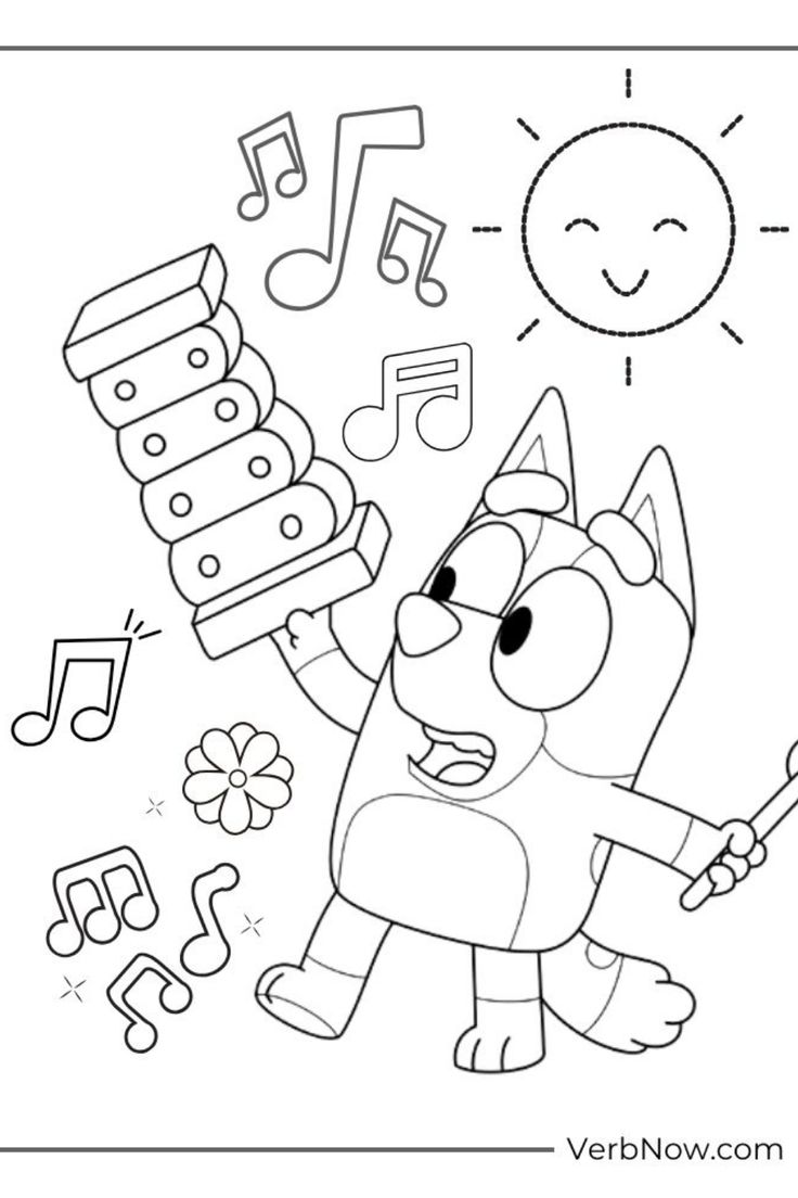 a coloring page with a cat holding a birthday cake and music notes in the background