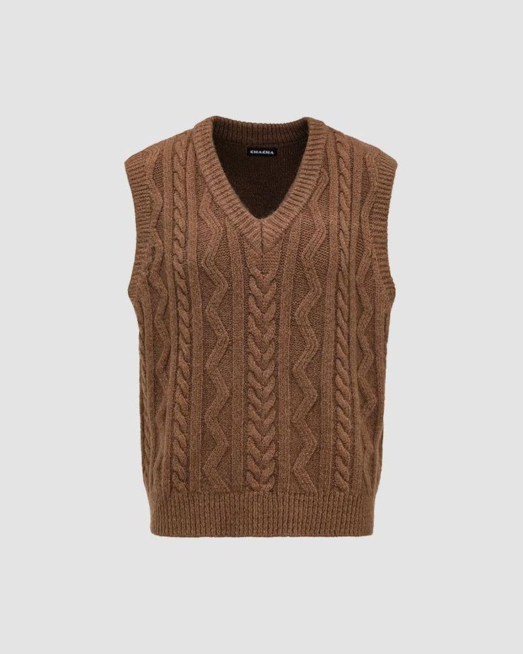 Details: Knitted vest with cable pattern designTop Length: NormalSleeve Length: SleevelessMaterials:95% Polyester + 5% Spandex Casual Cable Knit Sleeveless Tank Top, Brown Knit V-neck Vest, Casual Cable Knit Sleeveless Vest, Casual Sleeveless Cable Knit Vest, Fitted Cable Knit Sleeveless Vest, Fitted Sleeveless Cable Knit Vest, Winter Cable Knit Sleeveless Sweater Vest, Fitted Cable Knit Sleeveless Sweater Vest, Casual Cable Knit Vest For Layering