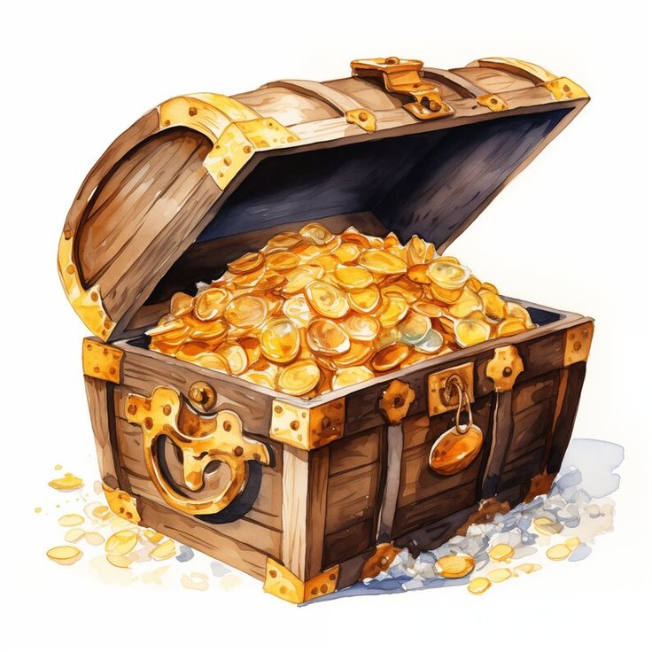 an open wooden chest filled with gold coins