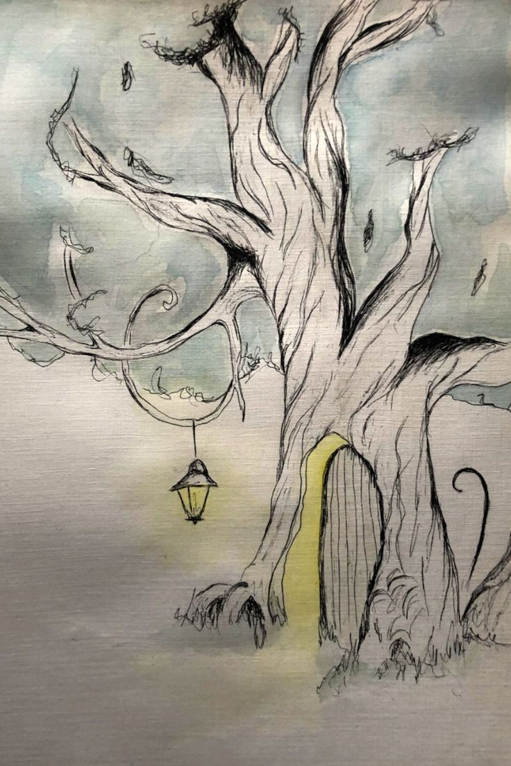 a drawing of a tree with a lantern hanging from it's branches