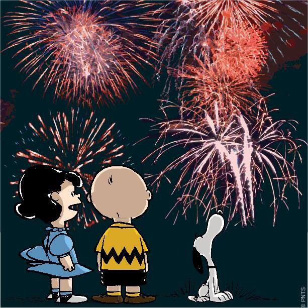 a cartoon boy and girl looking at fireworks in the night sky with peanuts standing next to each other