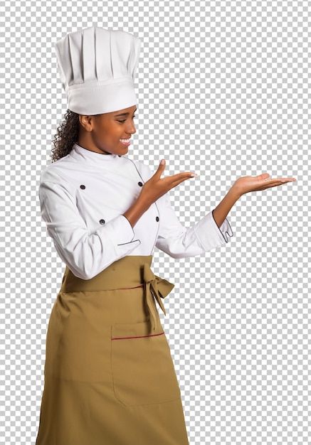 a woman wearing a chef's hat and holding out her hands to the side