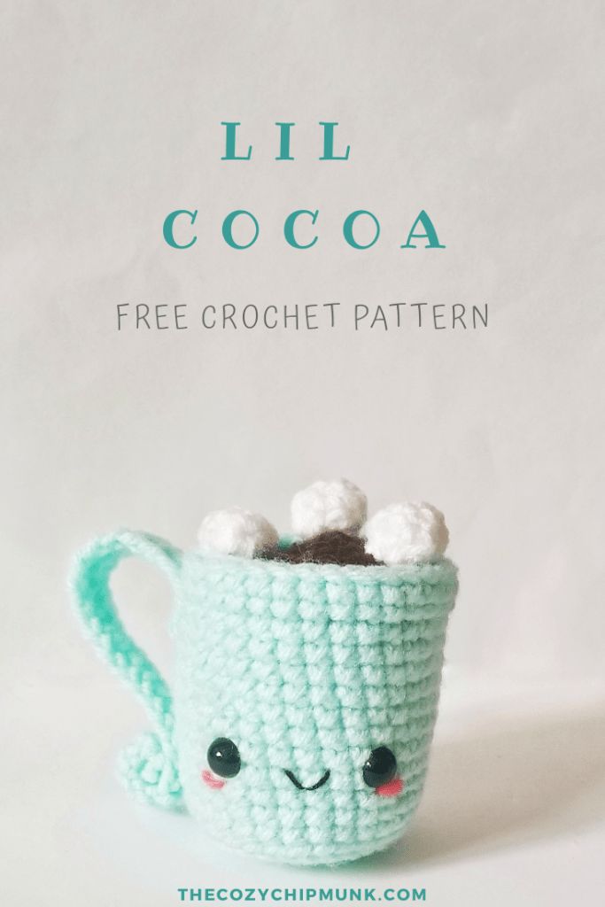 a crocheted coffee cup with the words lil cocoa in front of it and an image