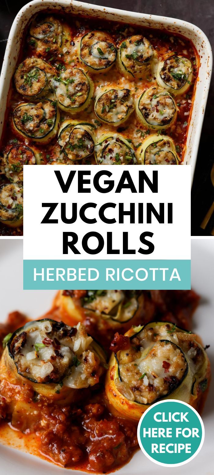 zucchini rolls in a casserole dish and zucchini rolls on a plate Vegan Zucchini Lasagna Roll Ups, Zucchini Rolls With Ricotta, Vegan Lasagna Roll Ups, Vegan Tomato Recipes, Vegan Italian Dinner, Zucchini Recipes Vegan, Vegan Ragu, Unicorn Kitchen, Vegan Zucchini Lasagna