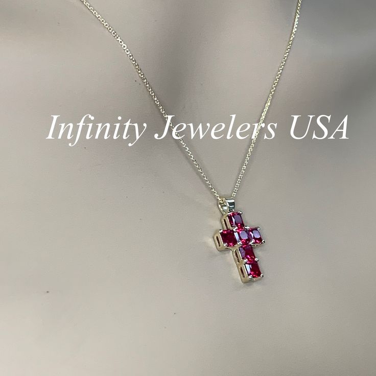 "The pendant pictured has lab created rubies #7030 -Approximate total carat weight: approx. 1.50ctw diamond equivalent -Center Stone Size: 4x4mm - approx. .25ct each diamond equivalent -Center Stone Shape: radiant cut - 6 stone -Gem Type: lab created ruby -Stone Clarity: AAA -Stone Color: Red -Moh's Scale: 9 hardness -Metal Type and Purity: 14k yellow gold -Setting: 4 prong basket design -Pendant Size: Height with bail approx 21.45mm, Width approx. 12.45mm -Chain: delicate 14k gold chain / heavi Multi-stone Pink Sapphire Jewelry For Gifts, Pink Sapphire Multi-stone Jewelry For Gifts, Pink Diamond Multi-stone Jewelry, Gift Jewelry With Diamond Cut Lab-created Ruby, Red Jewelry With Pink Sapphire And Prong Setting, Pink Lab-created Ruby Gemstone Jewelry, Pink Lab-created Ruby Jewelry With Birthstone, Pink Lab-created Ruby Birthstone Jewelry, Pink Sapphire Jewelry With Diamond Cut For Gift