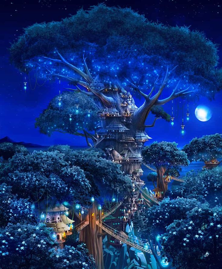 a tree house in the middle of a forest at night with stars and lights on it