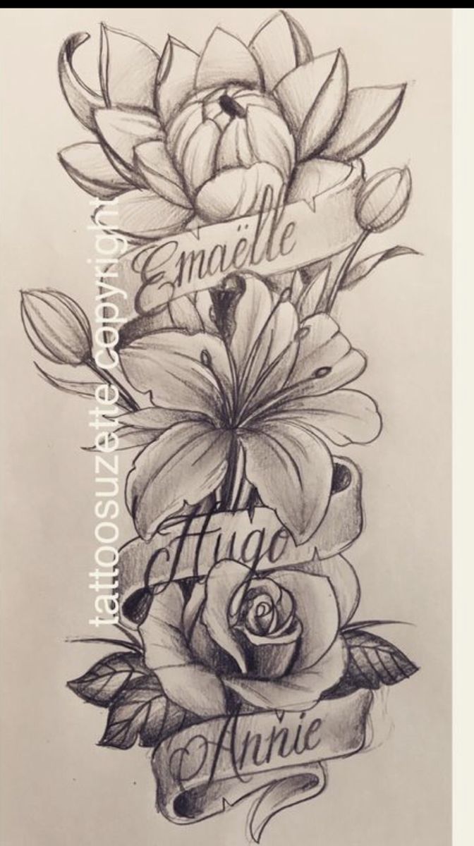 a tattoo design with flowers and words on it