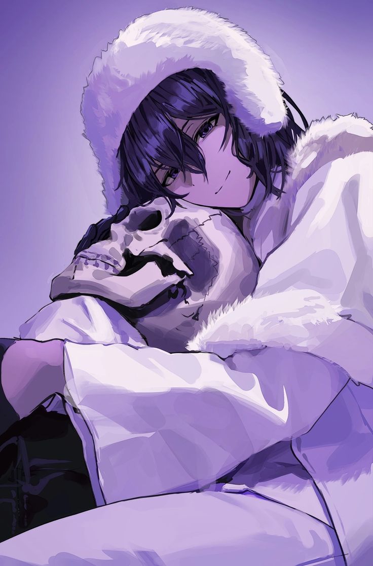 an anime character with black hair wearing a white coat and holding his arms around him