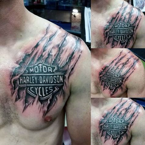 a man with tattoos on his chest and chest is shown in multiple pictures, including the words harley davidson cycles