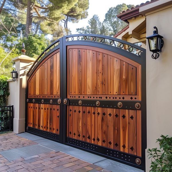 a large wooden gate in front of a house with an iron fence and brick walkway