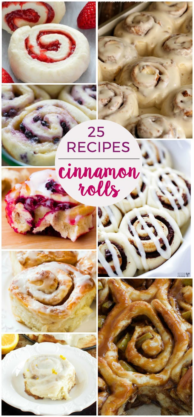 different types of cinnamon rolls with text overlay that reads 25 recipes for cinnamon rolls