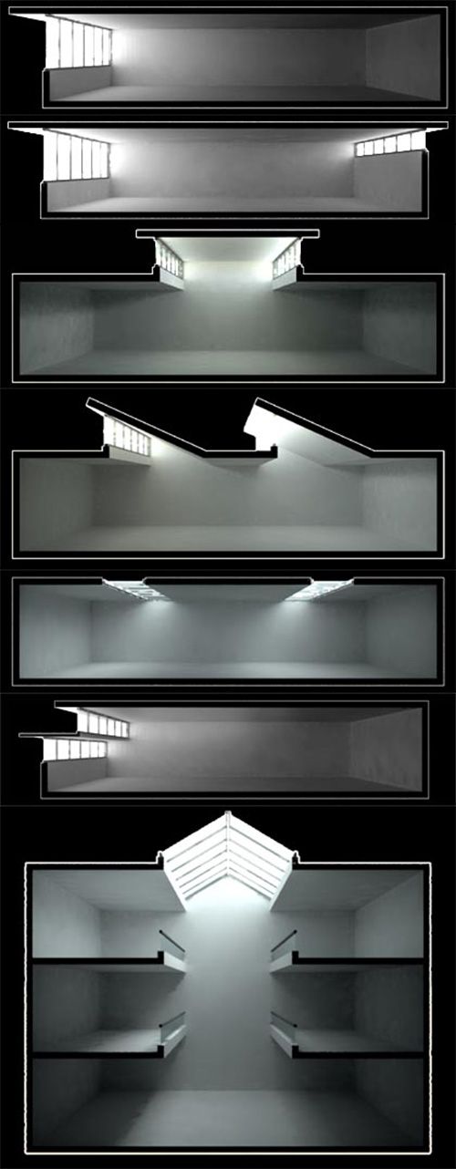 four different angles of an empty room with light coming from the ceiling and lighting up