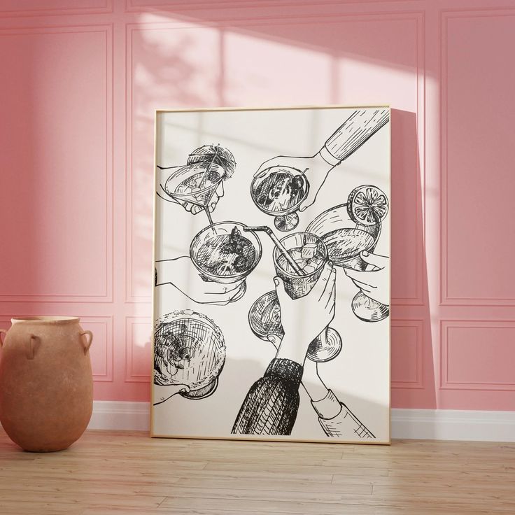 a vase sitting on the floor next to a painting in a room with pink walls