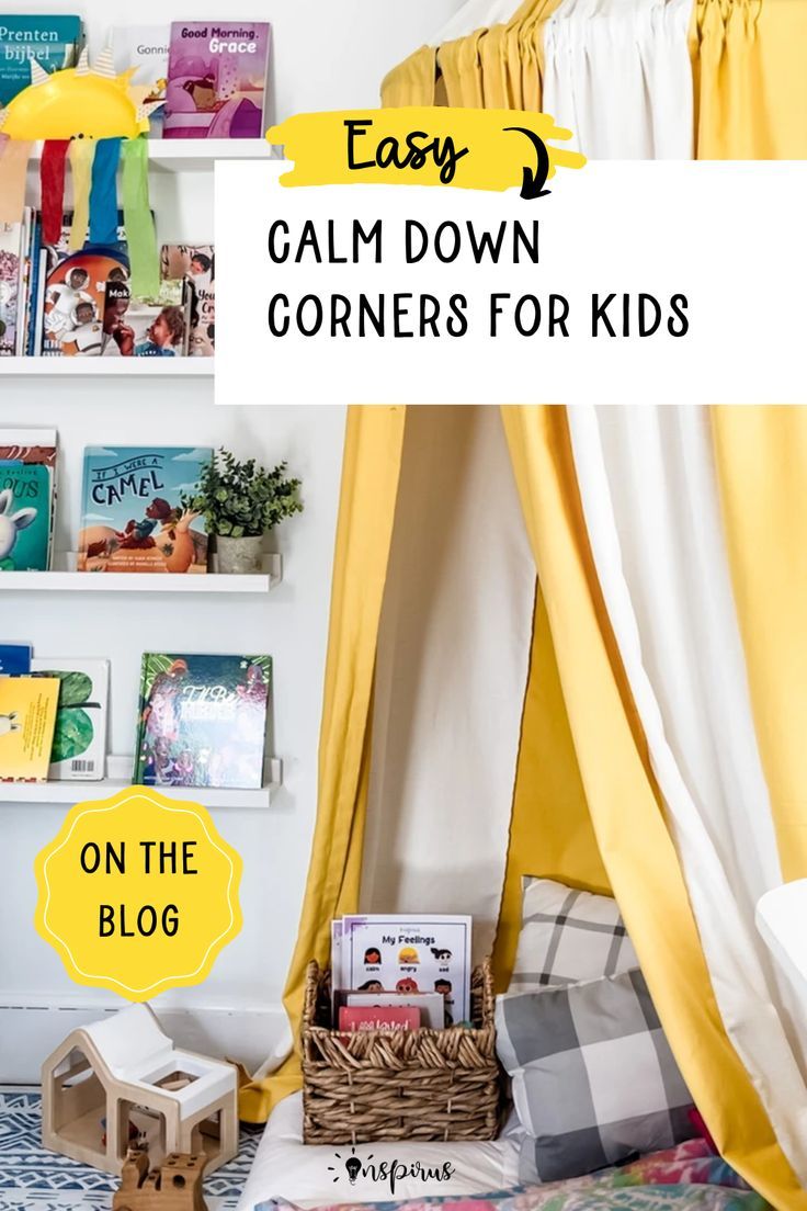 a child's bedroom with yellow curtains and bookshelves