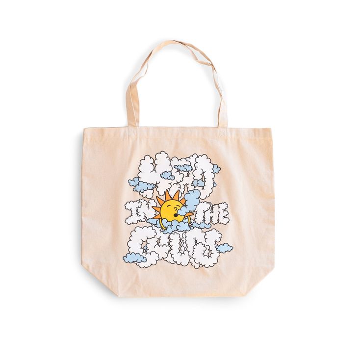 front view image of tote bag from Bather that reads head in the clouds in bubbled text with a drawing of a sun in the middle Ocean Cleanup, Head In The Clouds, Oversized Bag, Beach Essentials, In The Clouds, The Clouds, Kids Accessories, Cotton Canvas, Reusable Tote Bags