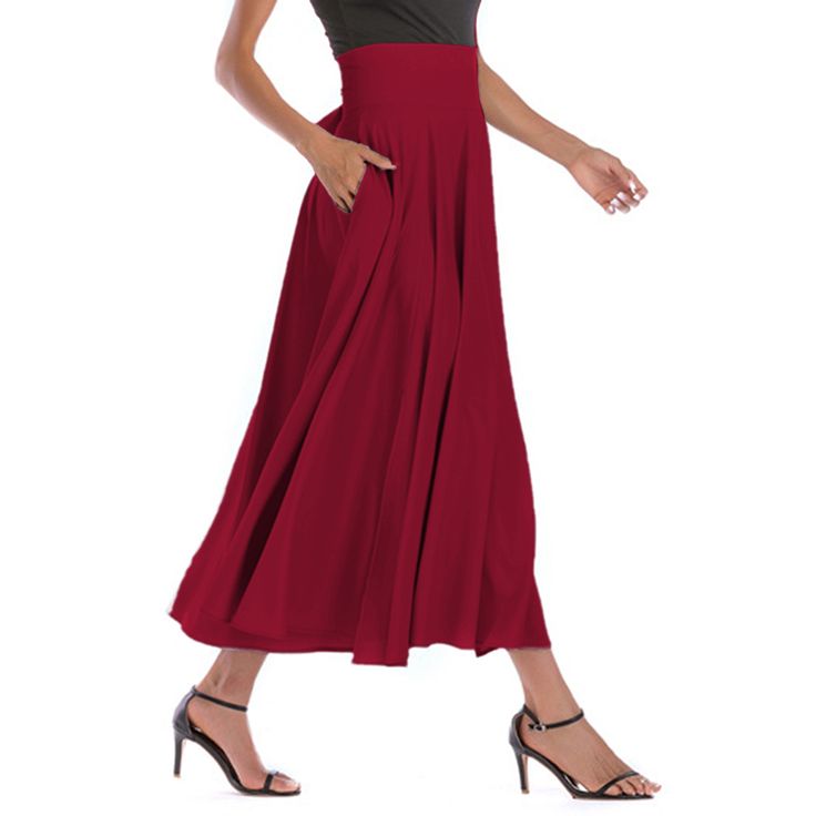 Burgundy High Waisted Swing A-line Maxi Skirt Maxi Skirt, High Waisted