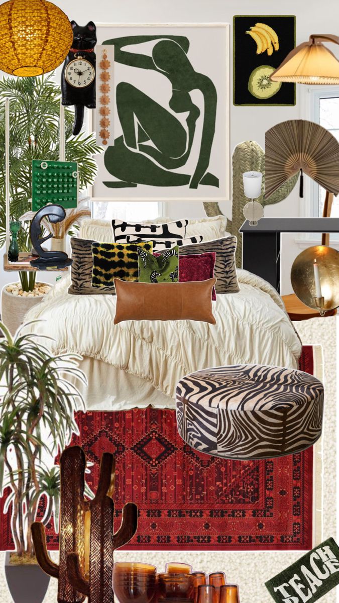 a collage of various items including lamps, pillows and rugs in a bedroom