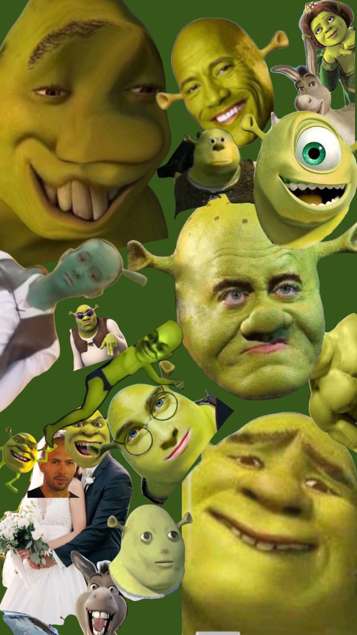 an image of many different people with green skin and facial expressions on their faces, including one man in the middle