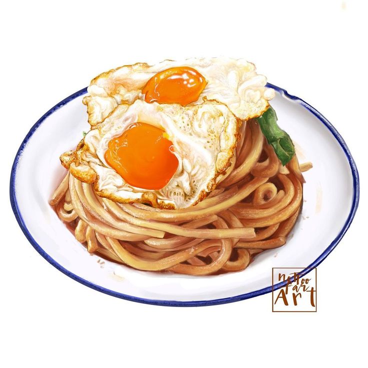 a plate with noodles and fried eggs on top