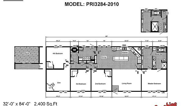 the floor plan for a mobile home with three bedroom and two bathrooms, including an attached bathroom