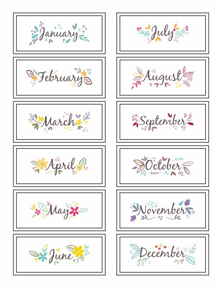 months of the year name labels with flowers and leaves on them, set of 12